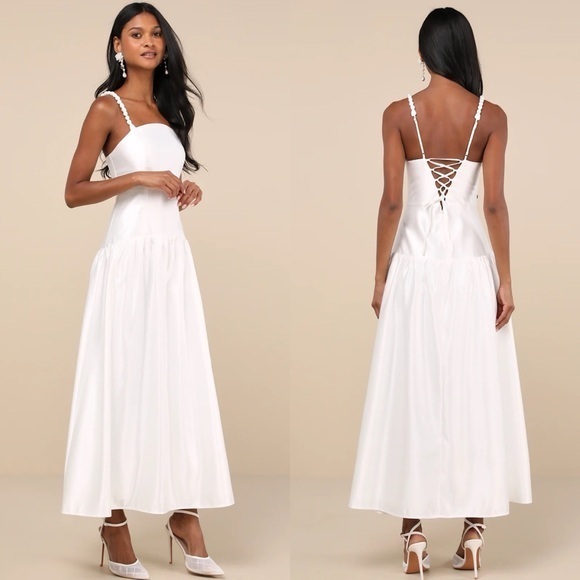 Lulus Dresses & Skirts - NWT Lulu’s Modern Adoration White Satin Backless Lace-Up Maxi Dress Small
